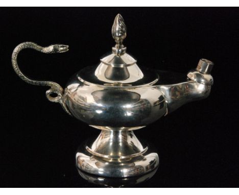 An Edwardian hallmarked silver Aladdin's lamp table lighter with snake scroll handle and flame finial, hallmarks rubbed, poss