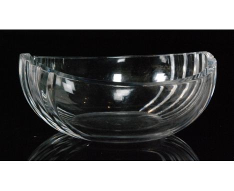 A 20th Century Orrefors crystal glass bowl of oval form, each end terminating in vertical mitre cuts, engraved signature, wid