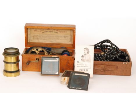 A 19th Century shock machine together with a cased Pifco Bakelite hair dryer also various sets on magic lantern slides and le