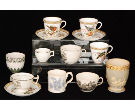 A collection of assorted 19th Century tea wares to include a tea cup decorated with a black and white transfer depicting Hope