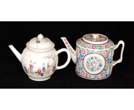 A 19th Century Chinese teapot of silver form enamel decorated with hand painted figures (possibly a family) in a garden setti