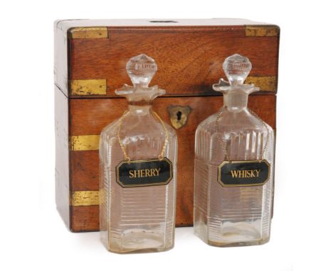 A 19th Century brass mounted decanter box with two later associated mitre cut decanters, S/D, together with a burr walnut rec
