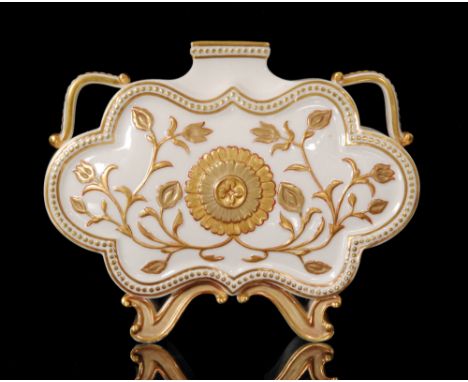 A late 19th Century Royal Worcester Aesthetic vase of flattened cloud form decorated to each side with gilt stylised flowers 