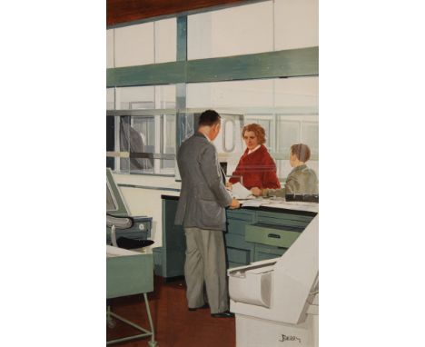 JOHN BERRY (1920-2009) - 'People at Work' - the railway ticket office, gouache illustration for Ladybird Books, signed, frame