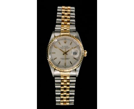 A mid size stainless steel Rolex Oyster Perpetual Datejust bracelet watch, the circular silvered dial with baton markers and 