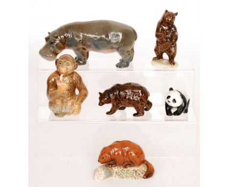 Six assorted Beswick animals comprising a Beaver on Log model 1943, two Bears model 1313 and 1314, a Hippopotamus model 1532,