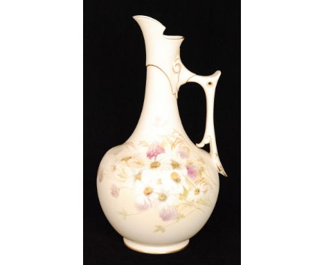 A large Royal Worcester shape 1028 ewer decorated with a spray of summer daisies and ferns against a pale ivory ground, puce 