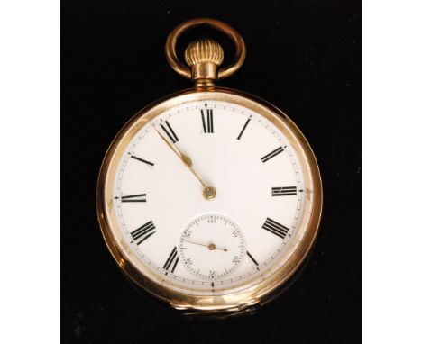 A Continental 14ct open faced crown wind pocket watch, the white enamel dial with Roman numerals and subsidiary seconds dial 