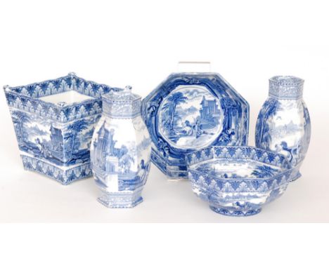 Three pieces of late 19th Century Cauldon Pottery blue and white Chariot pattern comprising two graduated octagonal bowls and