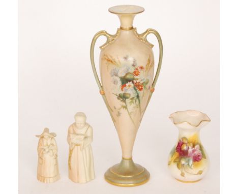 Four pieces of assorted Royal Worcester comprising a shape 2141 twin handled vase decorated with flowers, height 30cm A/F, tw