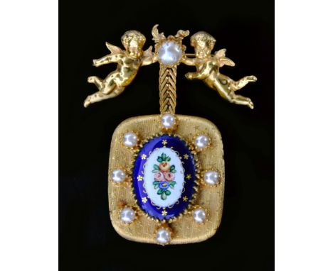 A 1950s Christian Dior gold plated musical brooch, the square case mounted with an oval enameled plaque with floral decoratio