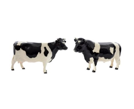 Two Beswick cattle comprising Friesian Bull, Ch. Coddington Hilt Bar, model 1439A and a Friesian Cow, Ch. Claybury Leegwater'