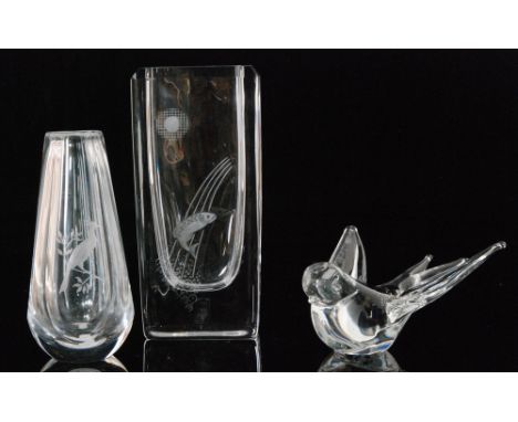 A group of 20th Century Scandinavian crystal to include a Bengt Edenfalk vase for Skruf of rectangular sleeve form with engra
