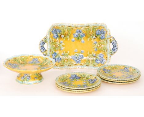 A late 19th Century Villeroy and Boch Art Nouveau majolica dessert set comprising rectangular dish, comport and six plates ea