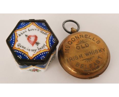 A Bilston enamel hexagonal box, 'Alas Love's dart gone in my heart', width 4.5cm, A/F, together with a travelling drinks tot 