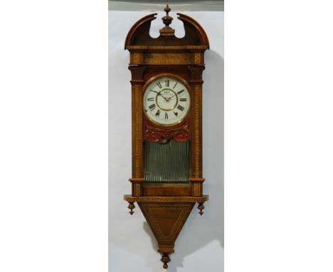 A late 19th Century English regulator wall clock by Kay Worcester with eight day striking movement in a Tunbridge ware style 