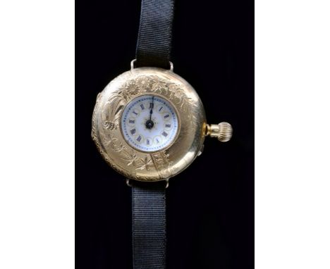 An 18ct French half hunter watch, the circular enamel yellow and white dial with Arabic and Roman numerals, diameter 34mm, ca