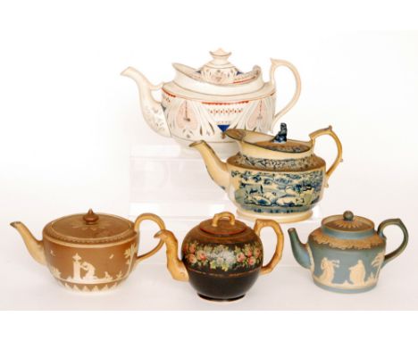 Five assorted 19th Century teapots to include a Spode example decorated in relief with classical scenes, a similar Adams exam