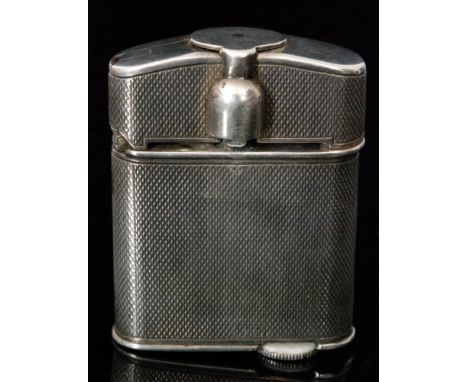 A George V hallmarked silver engine turned petrol lighter "The Beney Lighter" with hinged and sprung extinguisher, base stamp