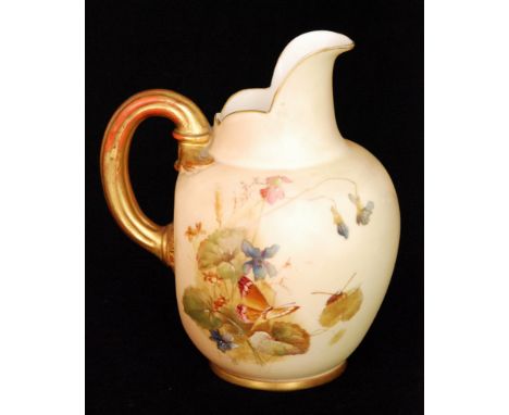 A Royal Worcester blush ivory flatback jug decorated with butterflies amidst spring flowers, puce mark with date code for 189