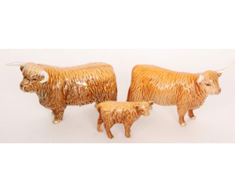 A Beswick Highland cattle group comprising Bull model 2008, Cow model 1740 S/D and Calf model 1827D, all with printed oval ma