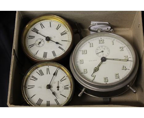 HAC goliath repeater alarm clock, two brass cased mantel clocks with subsidiary seconds dials (3)