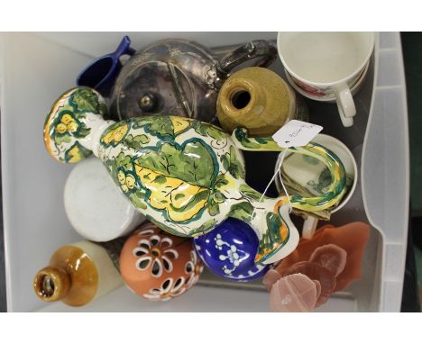 Two The Cuthbert Stores Diss pottery bottles, together with an Italian Ewer, Chinese ginger jar and cover, three Wedgwood cup