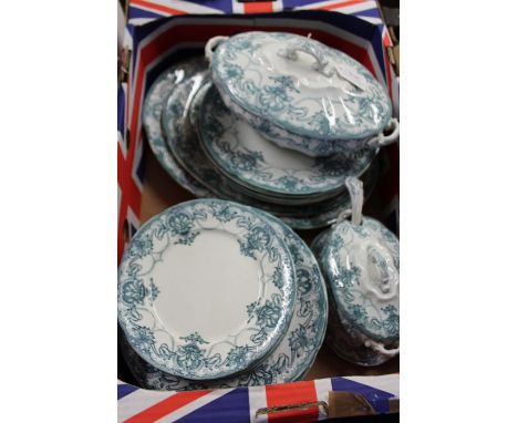 Marsden porcelain dinner service with blue foliate transfer decoration, consisting of three graduated meat plates, soup turee