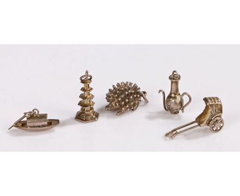 Four sterling silver Chinese inspired charm bracelet charms, comprising rickshaw, tower, boat and coffee pot, unmarked hedgeh
