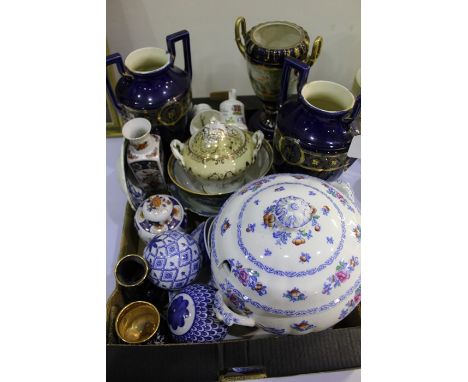 Decorative china, to include pair of vases, Vienna pedestal vase, Imari ginger jar and cover, imari vase, soup tureen, cover 