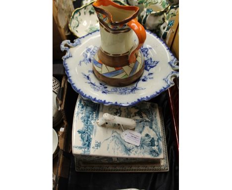 Burgess and Leigh ivory ware porcelain cheese dish and cover, transfer decorated in blue and white with cows and cheese makin