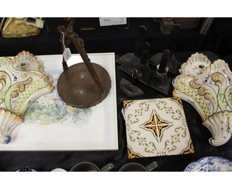 Pair of Bassano pottery wall pockets, shell caped with foliate design, print of Monaco, wall mounted light fitting, 20th Cent