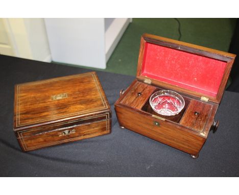 Victorian rosewood tea caddy, of sarcophagus form, the interior with two lidded compartments and a central glass bowl, 30cm w