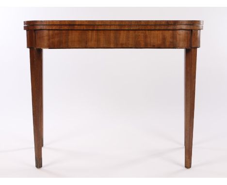 Victorian mahogany card table, the D shaped top opening to reveal a brown leatherette lined playing surface, on square taperi