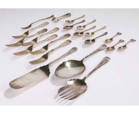 Silver and plated table cutlery, to include three silver bowling related teaspoons, Walker &amp; Hall three piece cake servin