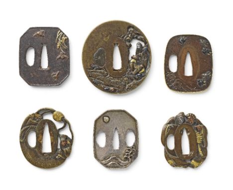 SIX TSUBA (HAND GUARDS)Edo period (1615-1868), 18th to 19th centuryThe first four brass or sentoku; the first almost circular