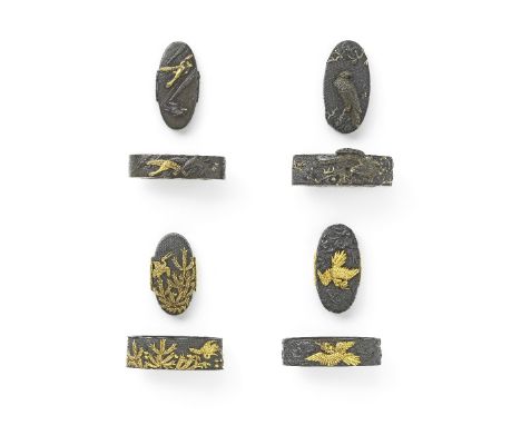 FOUR FUCHI-GASHIRA (MATCHING HILT COLLARS AND POMMELS)Edo period (1615-1868), 19th centuryThe first shakudo nanako chiselled 