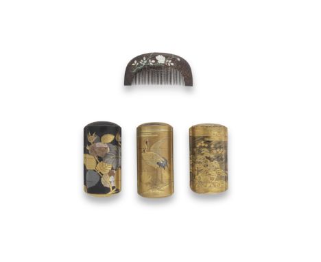 THREE LACQUER INRO AND A KUSHI (COMB)Edo period (1615-1868) to Meiji era (1868-1912), 19th centuryThe first decorated in gold