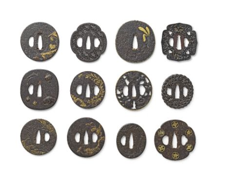 TWELVE TSUBA (HAND GUARDS)Edo period (1615-1868), 17th to 19th centuryThe first eleven iron; the first iron with an applied r