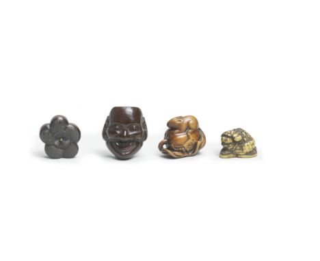 FOUR NETSUKEEdo period (1615-1868), 19th centuryThree wood, the first a plum blossom with each petal incised with a different