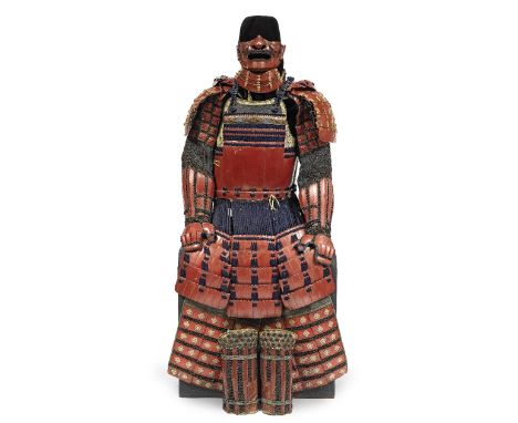 A RED-LACQUERED MUNE TORI TATEAGE DO TOSEI GUSOKU ARMOUREdo period (1615-1868), circa 1850The menpo with a black hair moustac