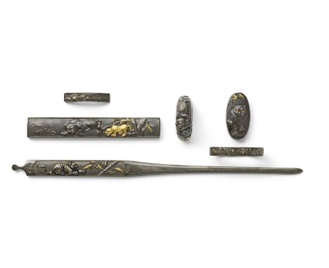 SEISHINKEN MOTOSHIGEA Set of Kozuka (Knife Handle), Kogai (Skewer), Kashira (Pommel), Kojiri (End Cap), Uragawara (Slot Reinf