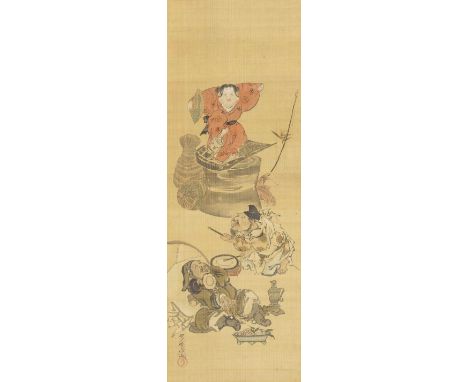 KAWANABE KYOSAI (1831-1889)Daikoku, Ebisu, and Otafuku at Leisure Meiji era (1868-1912), late 19th centuryKakejiku (hanging s