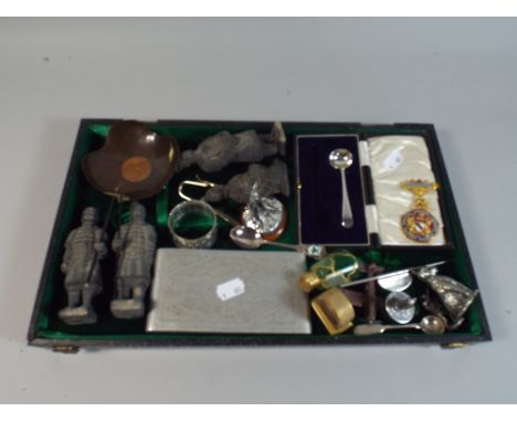 A Tray of Curios to Include Enamelled Steward Badge, Miniature Terracotta Army Figures, Coin Dish 