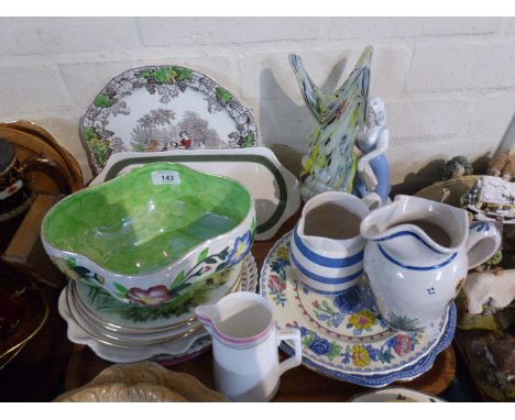 A Tray of Ceramics to Include Spode Sandwich Plates, Maling Fruit Bowl, Decorated Plates Including Masons, Figural Ornament e