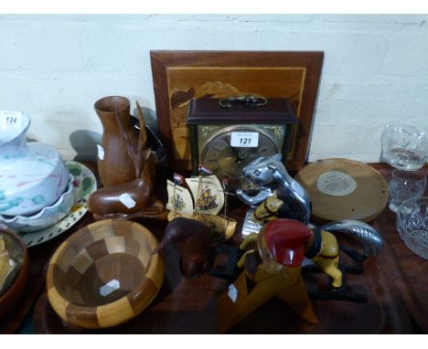 A Tray of Treen Ware to Include Novelty Nutcracker, Marquetry Picture, Metal Squirrel Nutcracker