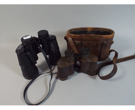 A Pair of Super Zenith 10x50 Binoculars and Pair of Vintage Brass Mounted Binoculars in Leather Case 