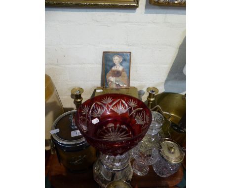 A Tray of Sundries to Include Golden Jubilee Tea Caddy, Brass Candle Sticks, Glassware Etc
