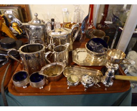 A Tray of Silver Plate to Include Four Piece Tea Service, Pair of Mustard Pots, Cruet, Trophy Etc  