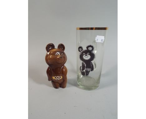 A Russian Moscow Olympics Bear Figure and Glass Tankard with Similar Engraving